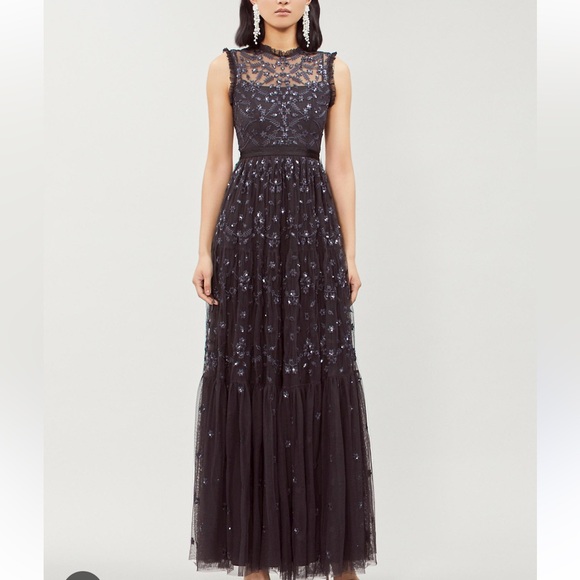 Needle & Thread Clover Embroidered Tulle Long Black and Sequin Dress. US Size 6. - Picture 5 of 9